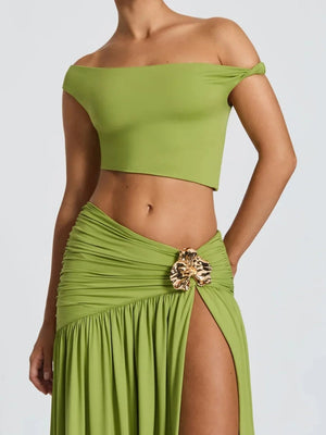 Off Shoulder Crop Top & Slit Maxi Dress Two Piece Set