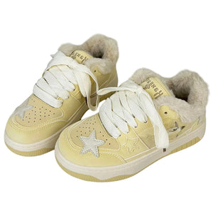 Pastel Yellow Star Fur-Lined Sneakers