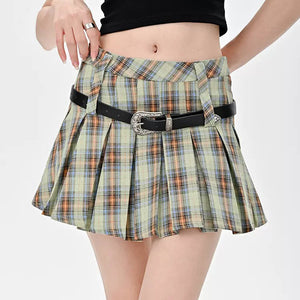Double Belt Plaid Pleated Skirt in Green