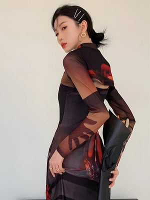 Crop Top & Mesh Midi Dress Two Piece Set