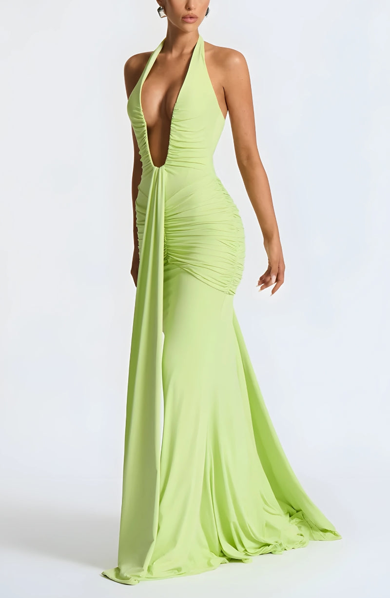Deep Plunge Ruched Maxi Dress