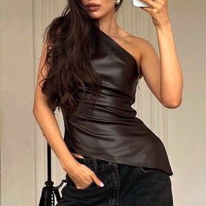 Asymmetric One Shoulder Leather Top