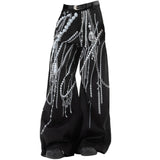 Black Wide-Leg Pants with Pearl Chain Print