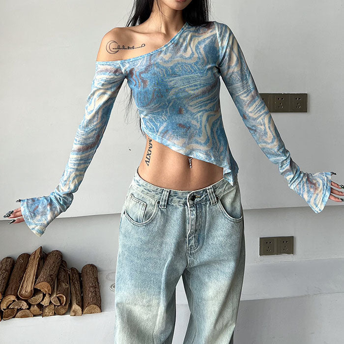 Blue Marble Asymmetrical Crop Top