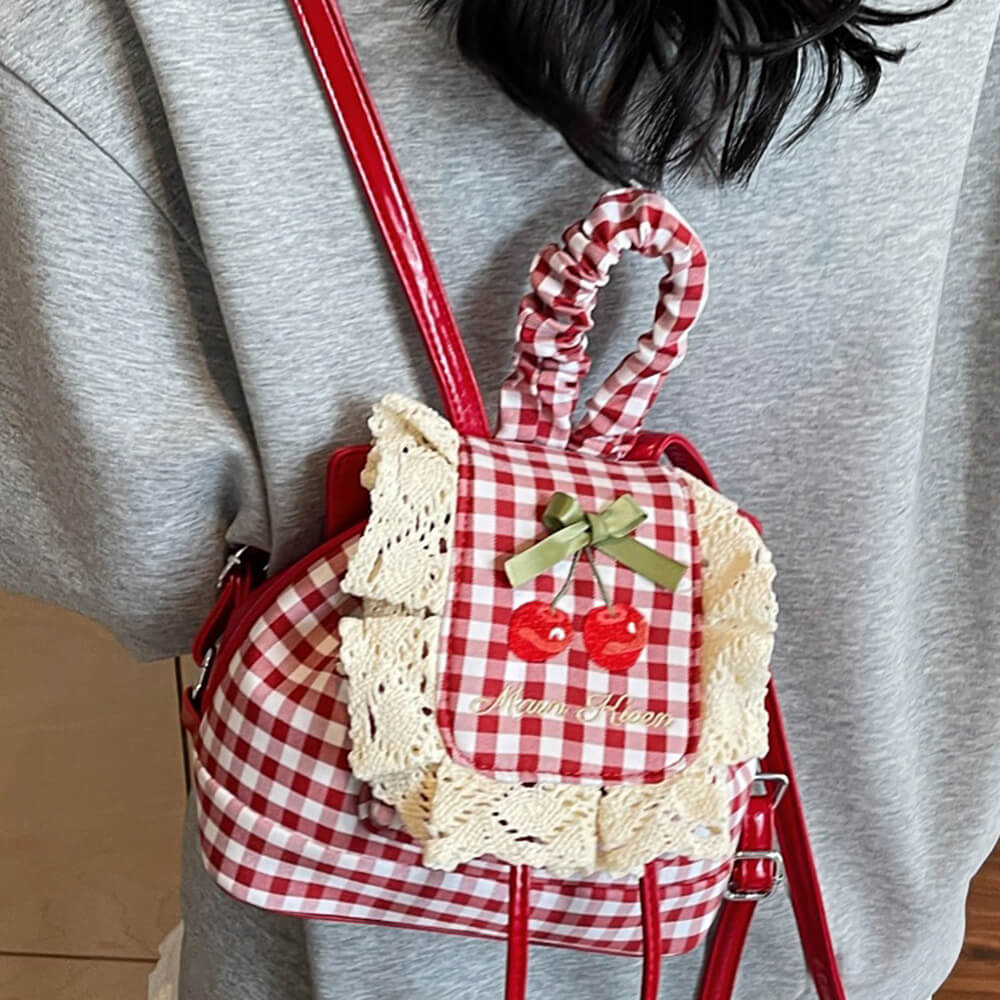 Cherry Embroidery Gingham Backpack