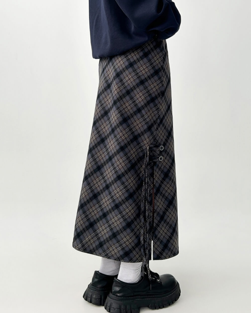 Dark Academia Plaid Side-Slit Skirt