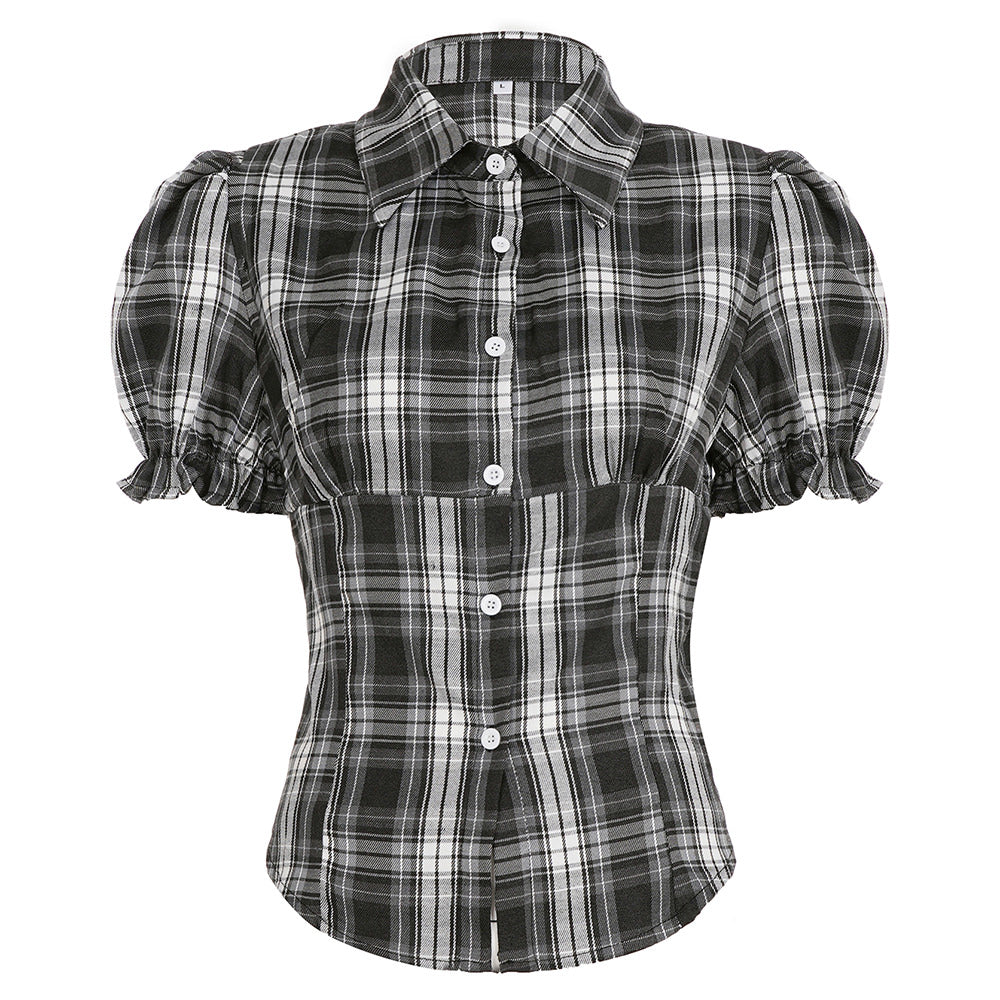 Dark Academia Puff Sleeve Plaid Shirt