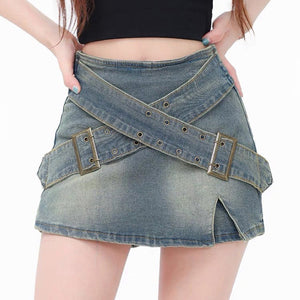 Double Buckle Denim Mini Skirt
