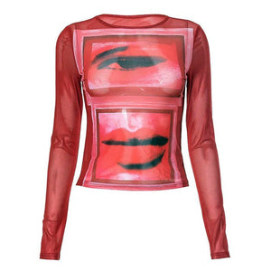 Eye & Lips Print Mesh Top in Red