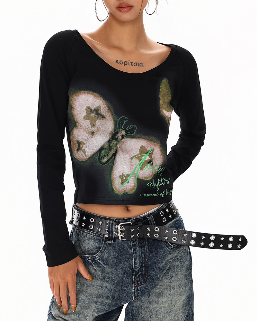 Indie Butterfly Print Long Sleeve Top