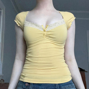 Lemon Sorbet Ribbed Lace Top