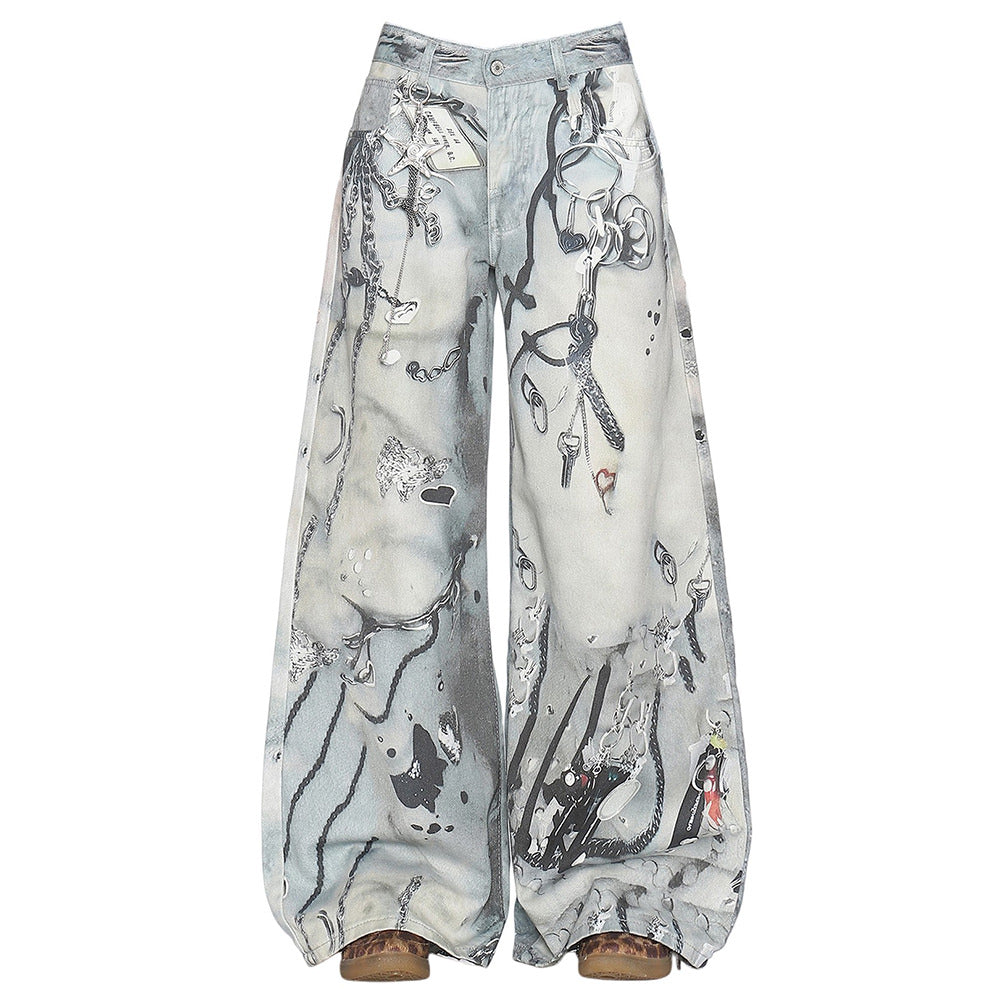 Washed Blue Chain Print Jeans