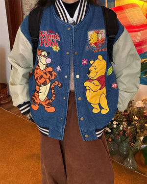 Cartoon Embroidery Denim Bomber Jacket