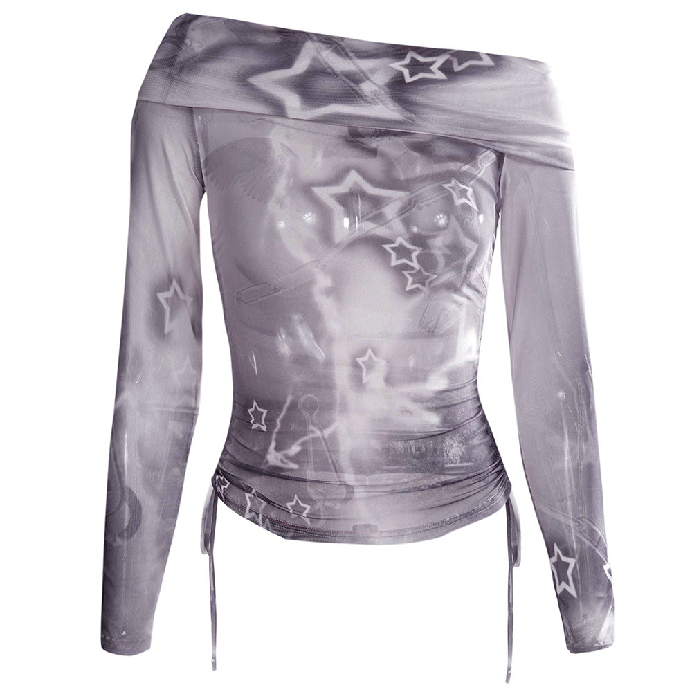 Y2K Star Mesh Off-Shoulder Long Sleeve Top