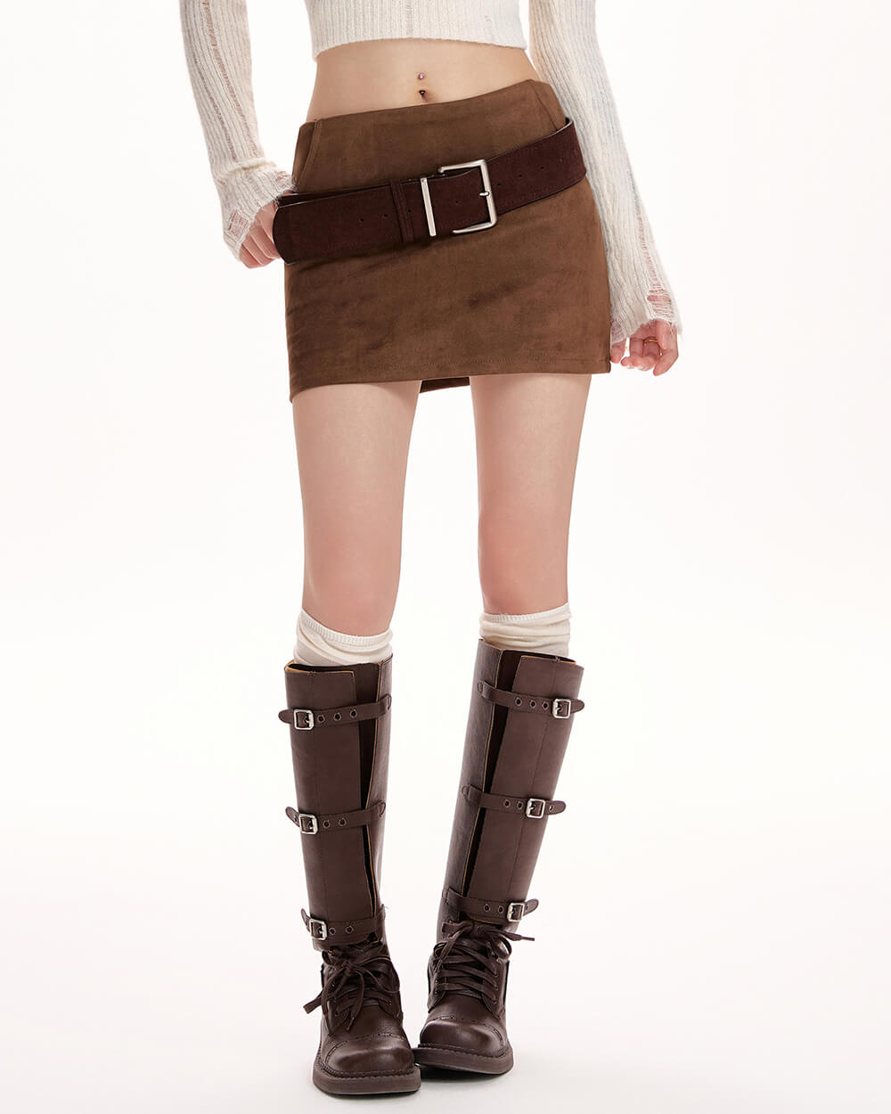 Y2K Suede Belted Mini Skirt